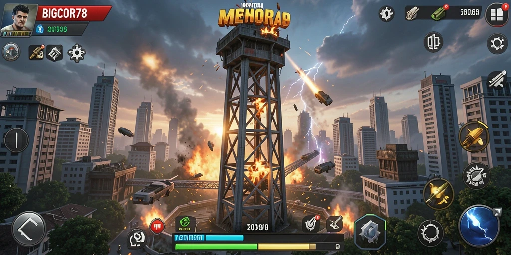 Tampilan gameplay strategis dalam BIGCOR78 dengan menara bertahan.
