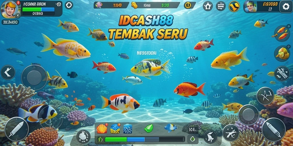 Screenshot gameplay IDCASH88 memperlihatkan aksi menangkap ikan yang seru.