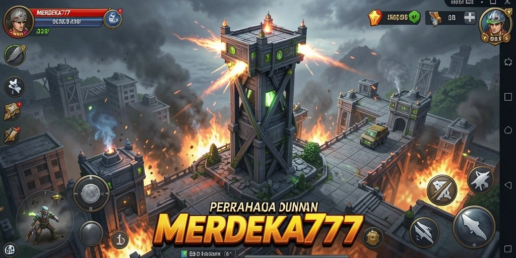 Tampilan pertahanan menara yang epik dalam MERDEKA777.