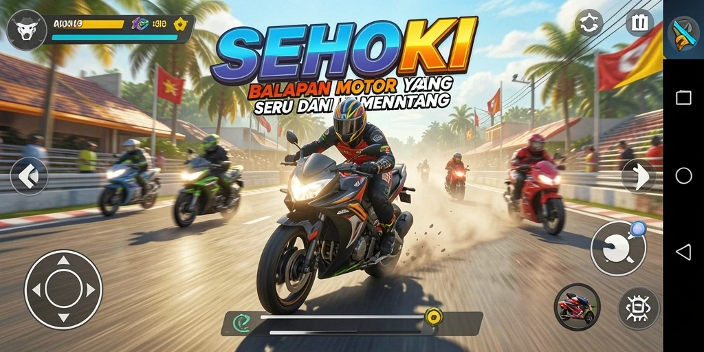 Tampilan gameplay SEHOKI yang menegangkan saat balapan motor.